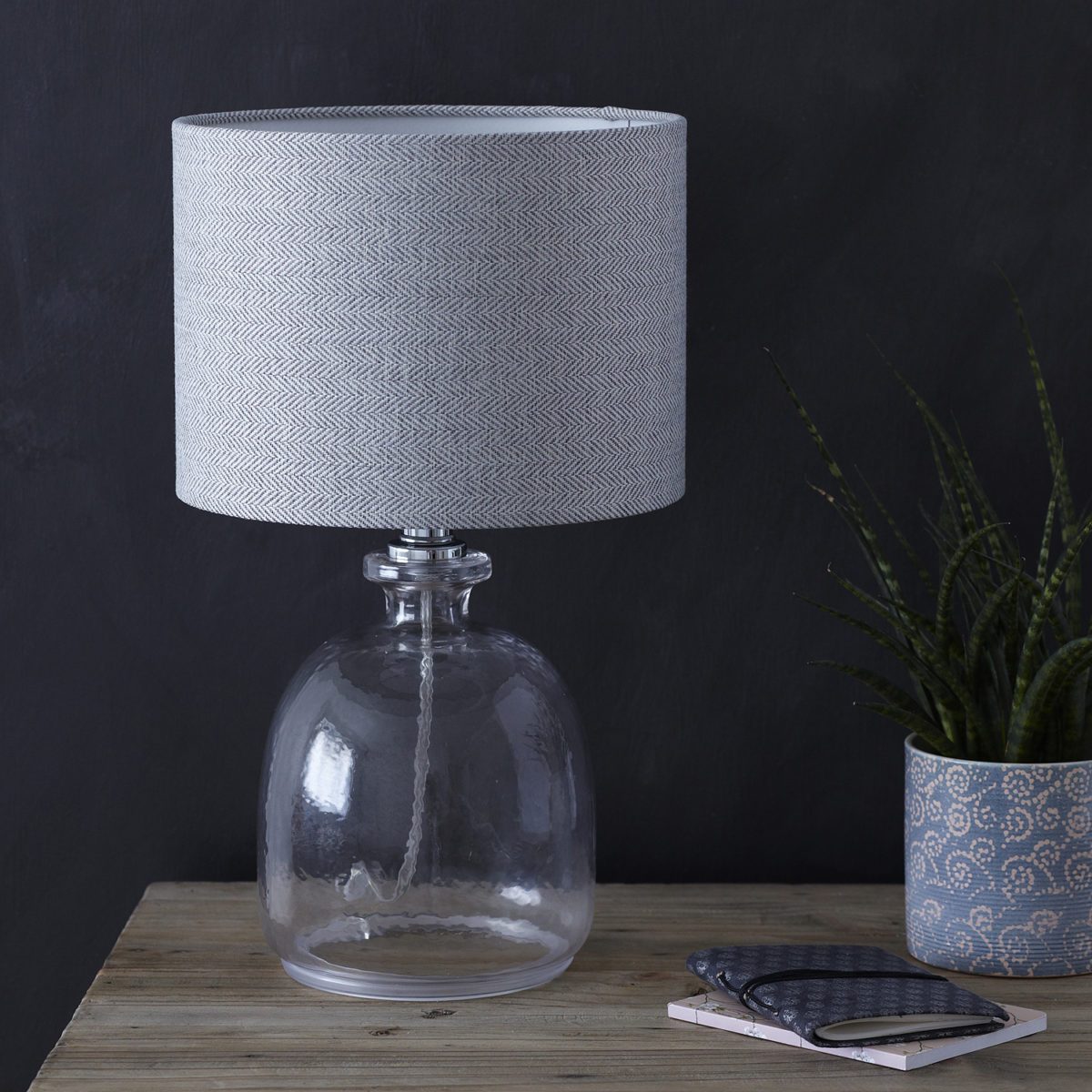 Glass Bottomless Table Lamp With Grey Lampshade 