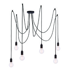 industrial pendant light consisting of six hanging bulb holders on black cord - available in copper, chrome or black