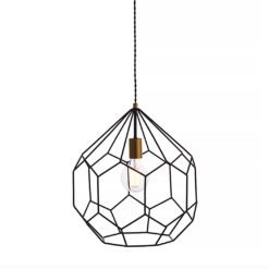 a black geometric prism shaped pendant light with an open cage design with brass bulb holder