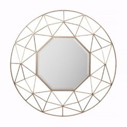 round gold metal mirror with a 3D geometric wide frame surrounding an octagonal central mirror