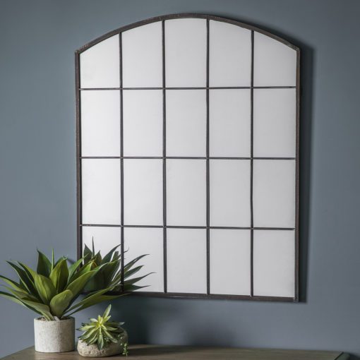 black metal framed industrial style rectangular window mirror with a curved arc top