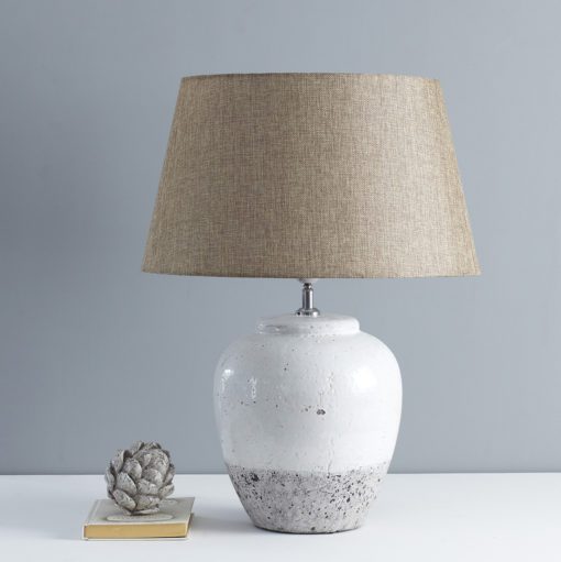 large dip glazed white stone table lamp with tapered natural hessian tapered lampshade