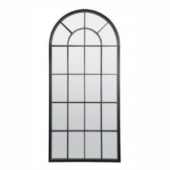 large black metal framed arched industrial window mirror