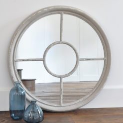 round wooden framed porthole window wall mirror with a distressed dove grey painted finish