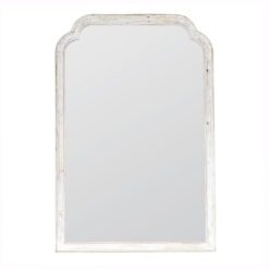 large wooden framed wall mirror with a curved top and white-washed painted finish