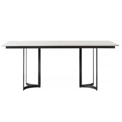 rectangular dining table with curved metal framed legs and white marble top