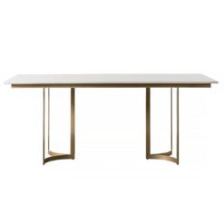 rectangular dining table with gold curved metal framed legs and white marble top