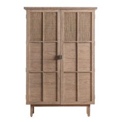 tall wooden cupboard on legs with internal shelving and two panelled doors with rattan detailing and metal handles