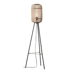 floor lamp with a black tripod base and natural bamboo cage lampshade