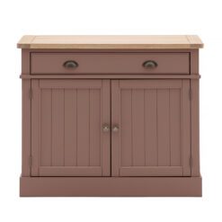 wooden two door sideboard with groove and plank oak top hand painted in a deep blush pink finish