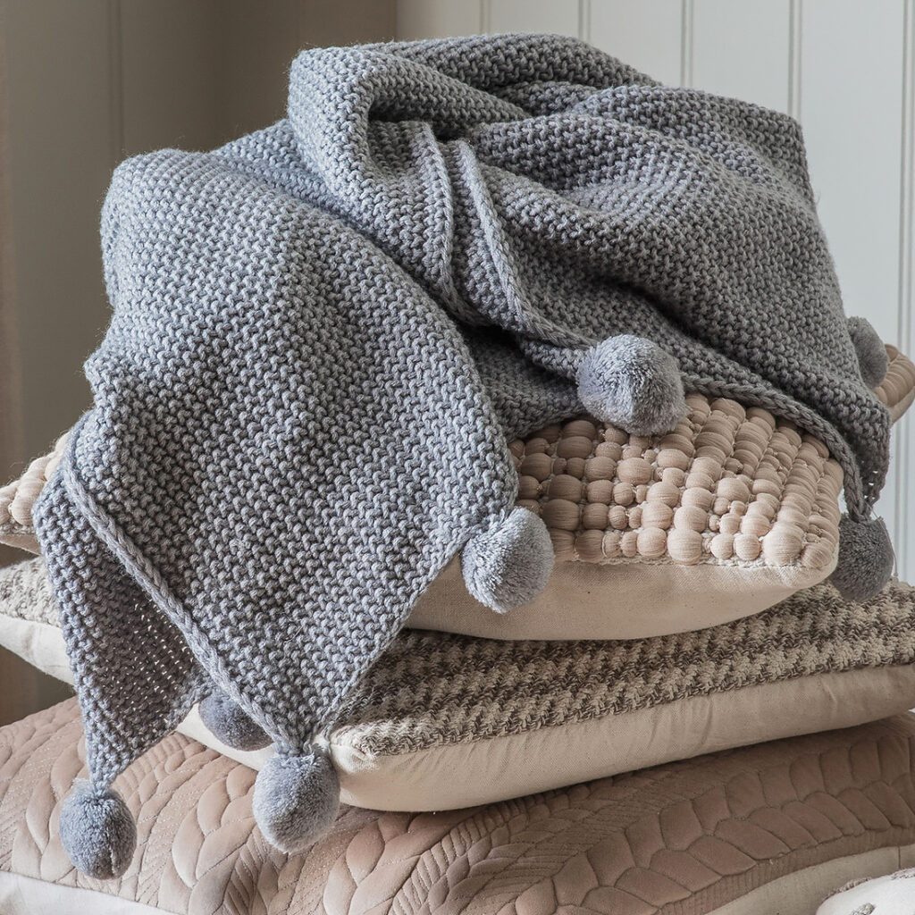 Charcoal Grey Pom Pom Knitted Throw Blankets & Throws