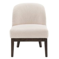 small oak framed occasional chair with a curved back upholstered in a cosy textured cream fabric