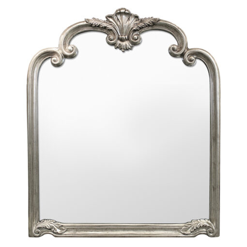 large decorative overmantel wall mirror with ornate detailing and a silver leaf finish