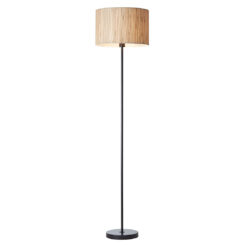 slim black stick floor lamp with contrasting natural seagrass drum lampshade