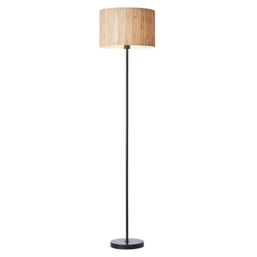 slim black stick floor lamp with contrasting natural seagrass drum lampshade