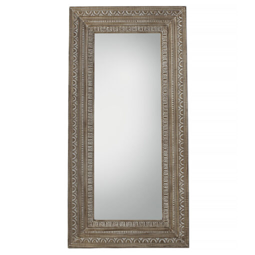 boho inspirect full length wooden rectangular mirror with a deep carved frame and white wash finish