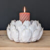 large ceramic white candle holder with layers of delicate flowers edging to fit a large pillar or multi wick candle