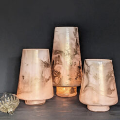 conical shaped white glass candle holders with gold marbled detailing available in three sizes