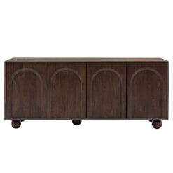 large four door dark wood sideboard with internal shelving, symmetrical arch detailing to front of doors and chunky ball feet