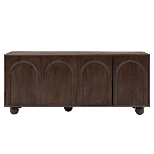 large four door dark wood sideboard with internal shelving, symmetrical arch detailing to front of doors and chunky ball feet