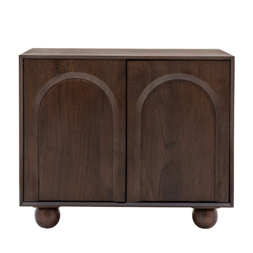 two door dark wood sideboard with internal shelf, symmetrical arch detailing to front of doors and chunky ball feet