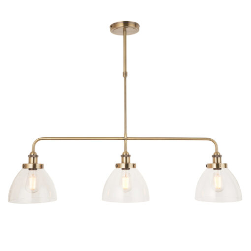 industrial style antique brass linear light with three glass domed hanging pendants