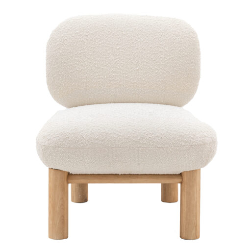 contemporary scandi-inspired occasional chair with a chunky wooden frame and cream boucle deep seat and back rest