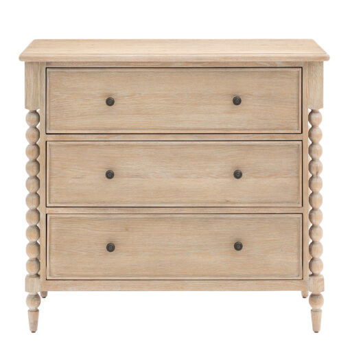 oak three drawer chest with elegant bobbin corner detailing, a subtle lime wash and small round knobs