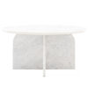 handcrafted modern round white solid marble coffee table showcasing individual veining and a sleek arched base