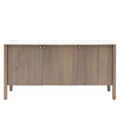 three door wooden sideboard with ribbed design and grey-wash finish, small gold knowbs and a white solid marble top