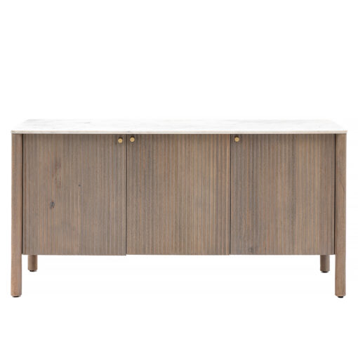 three door wooden sideboard with ribbed design and grey-wash finish, small gold knowbs and a white solid marble top