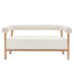 contemporary sofa with a simple wooden frame crafted from ash with distinct curved shaping and upholstered textured cream boucle seat and backing