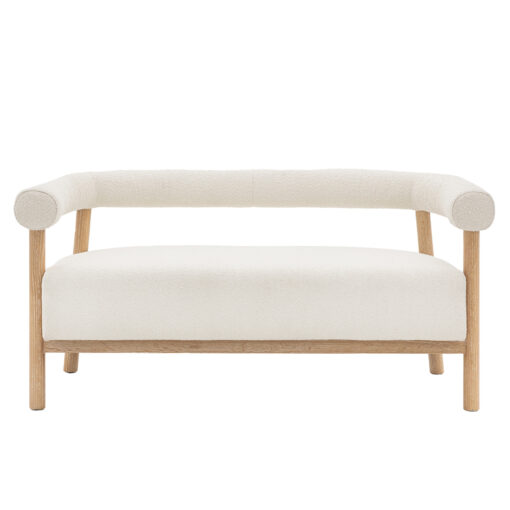 contemporary sofa with a simple wooden frame crafted from ash with distinct curved shaping and upholstered textured cream boucle seat and backing