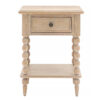 handcrafted oak bedside table with bobbin turned legs and a white wash finish, with one drawer and lower shelf