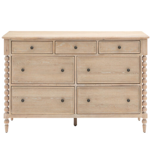 oak seven drawer chest with elegant bobbin corner detailing, a subtle lime wash and small round knobs